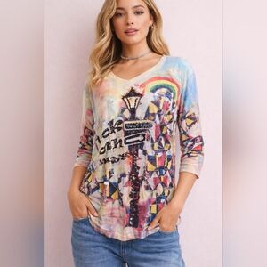 Y2K Rhinestone Graphic Top Sheer Rainbow Boho 3/4 Sleeve Dopamine Retro